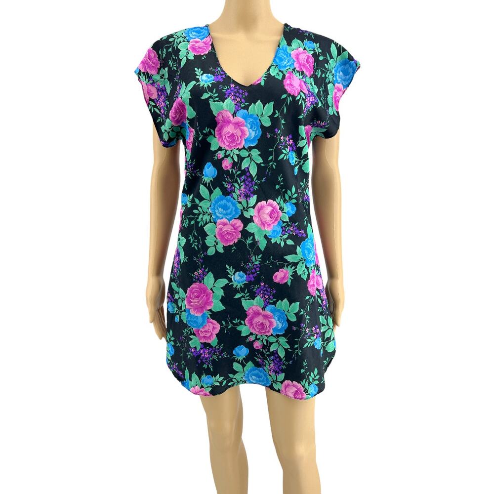 Vtg 60s Texsheen Black Floral Nightgown V-Neck Curved Hem Side Slit Poly S